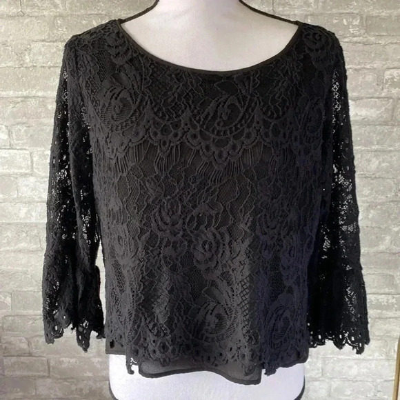 Adrienne Vittadini black lace crop top shirt - Picture 1 of 11
